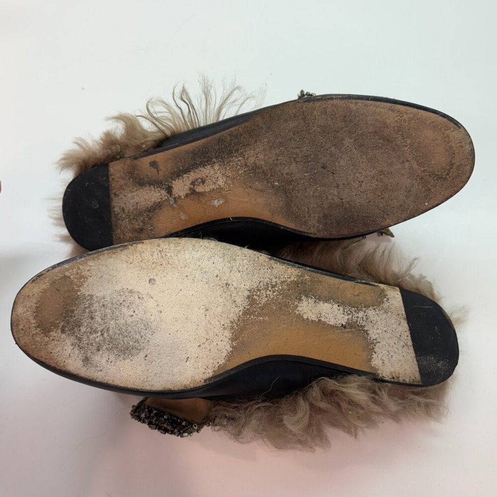Gucci Princetown Fur Lined Crystal Bow Mule Slippers Black Leather Size 36 6 - Picture 15 of 17